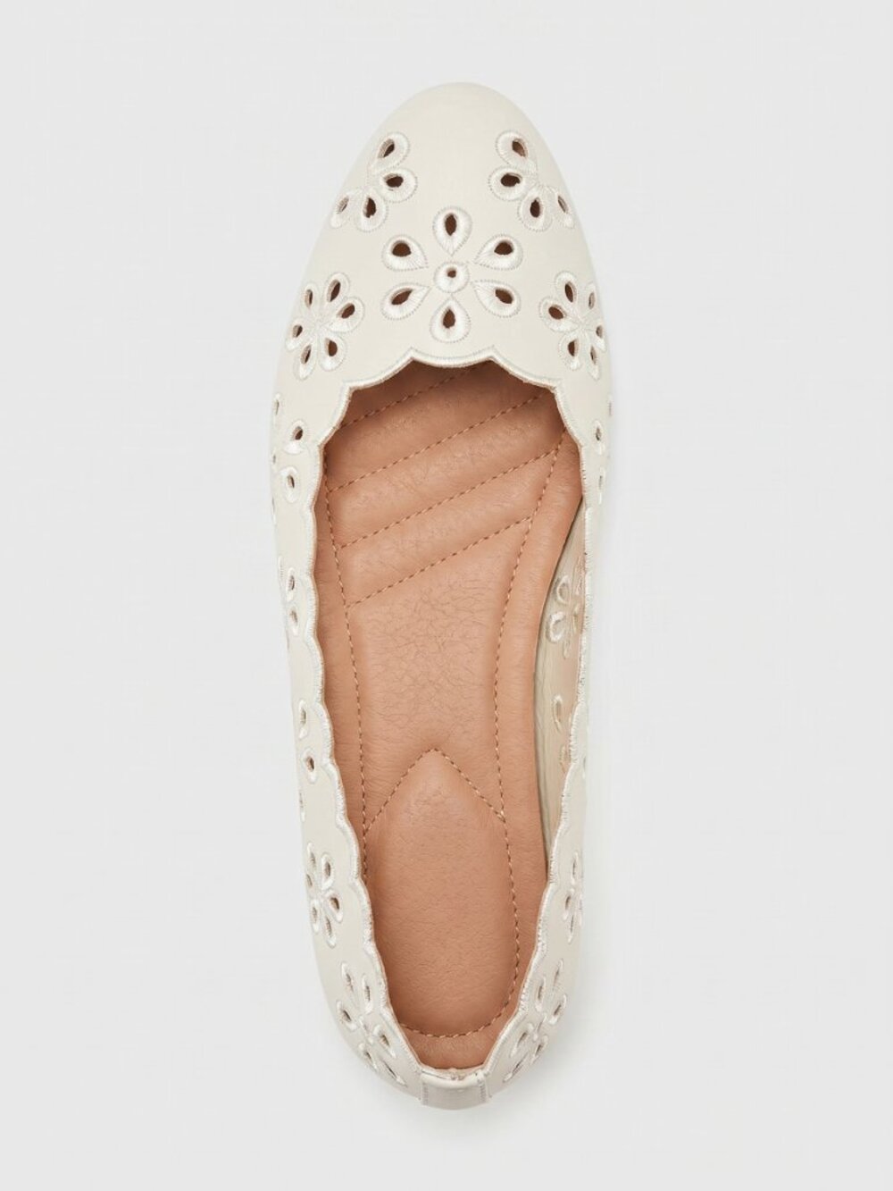 Women's White Eyelet Ballet Flats Memory Foam Scalloped Cutout Shoes - Picture 4 of 6